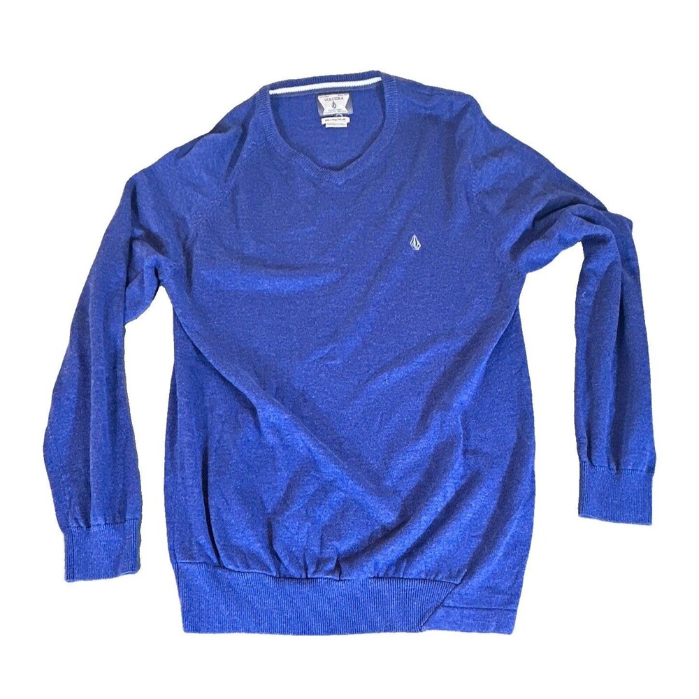 Volcom Men’s V-Neck Pullover Sweater Blue Solid Knit Logo Long Sleeve L